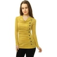 thumbnail image 3 of Women's Cowl Neck Long Sleeves Buttons Decor Ruched Top, 3 of 6