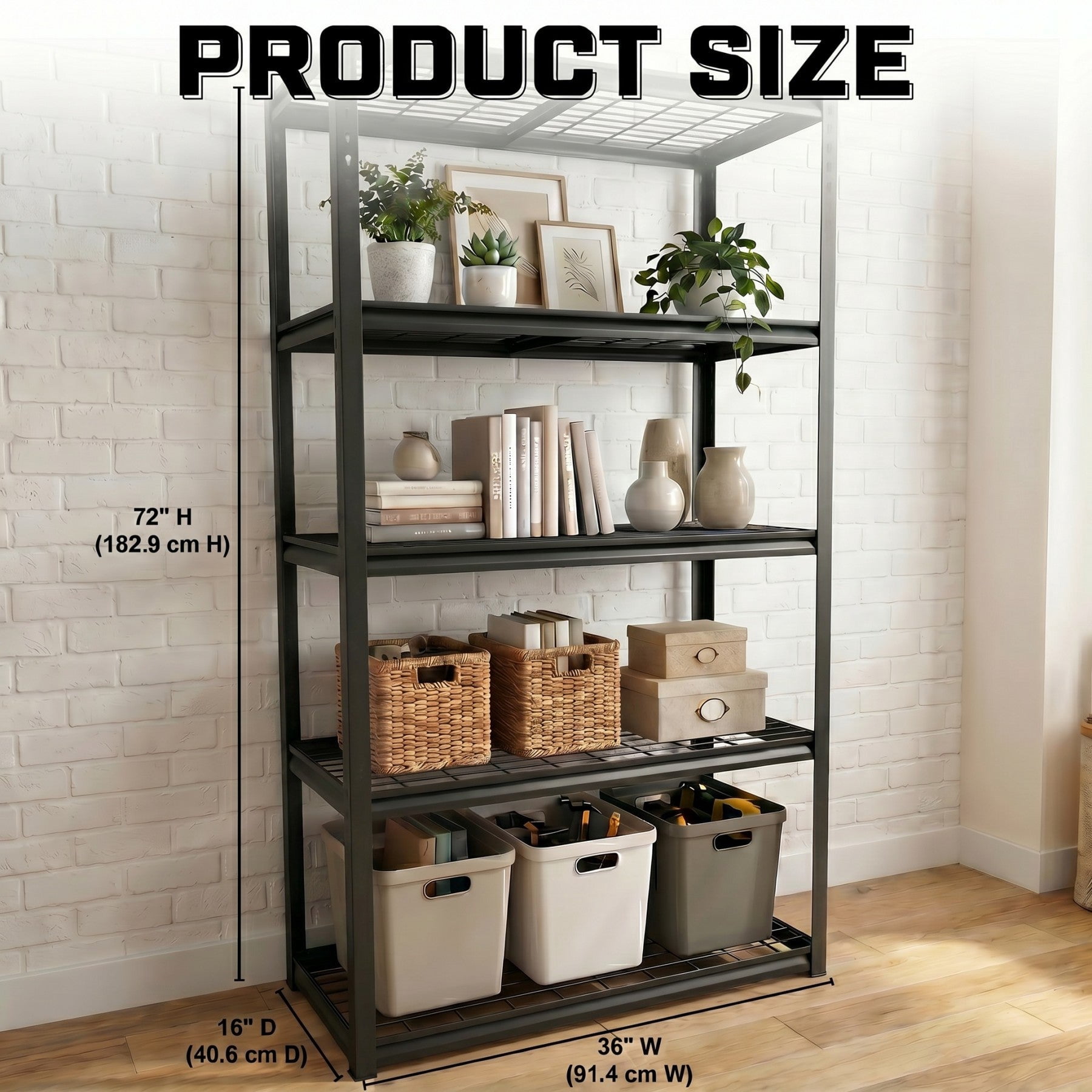 Sailvan 1650LBS Heavy Duty Garage Shelving, 5-Tier Adjustable Metal Storage Shelves, Industrial Steel Utility Rack,36"W x 16"D x 72",Black