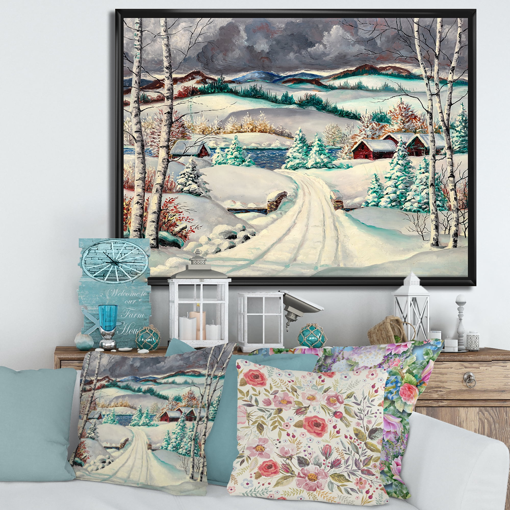 Designart 'Snowy Road In Countryside Winter Landscape' Traditional Framed Canvas Wall Art Print