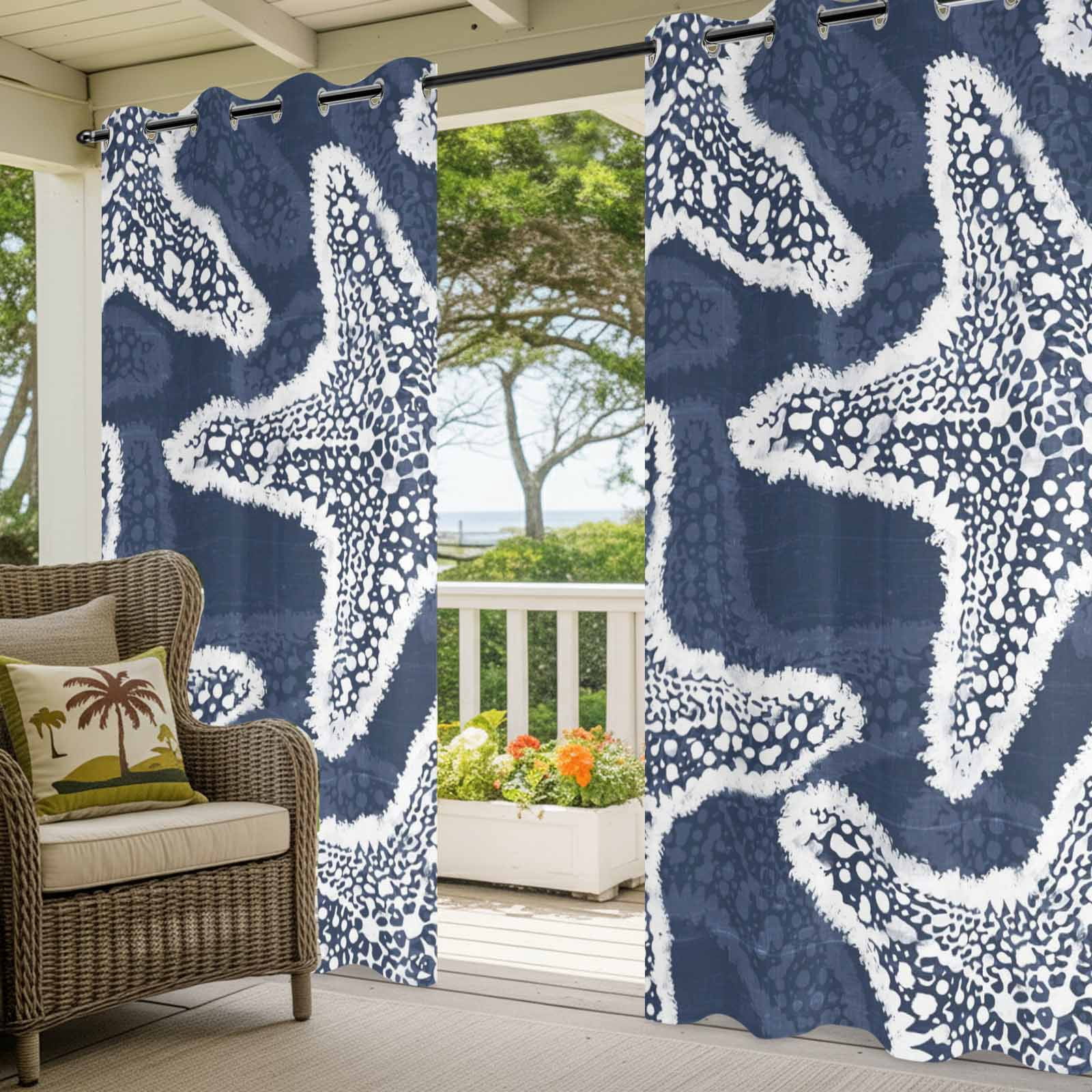 Navy Blue Starfish Outdoor Curtains for Patio, Coastal Summer Ocean Beach Nautical Modern Sunshade Privacy Drapes Grommet Waterproof Outside Curtains for Porch/Cabana/Balcony 54"x 108", 1 Panel