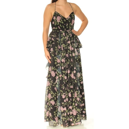 FAME AND PARTNERS Womens Black Low Back Floral Spaghetti Strap V Neck Full-Length Fit + Flare Formal Dress  Size: