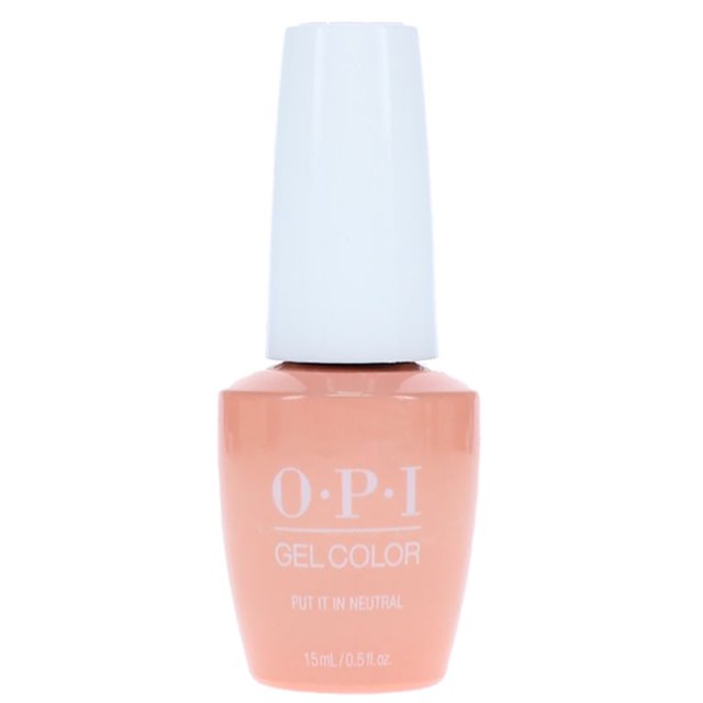 GELCOLOR ~ PUT IT IN NEUTRAL ~ 0.5 FL OZ nail gel bottle in a beige tone, designed for long-lasting manicures. The bottle features a white cap and branding text, made with resin-based material for strong adhesion and easy application. Ideal for salon or home use.
