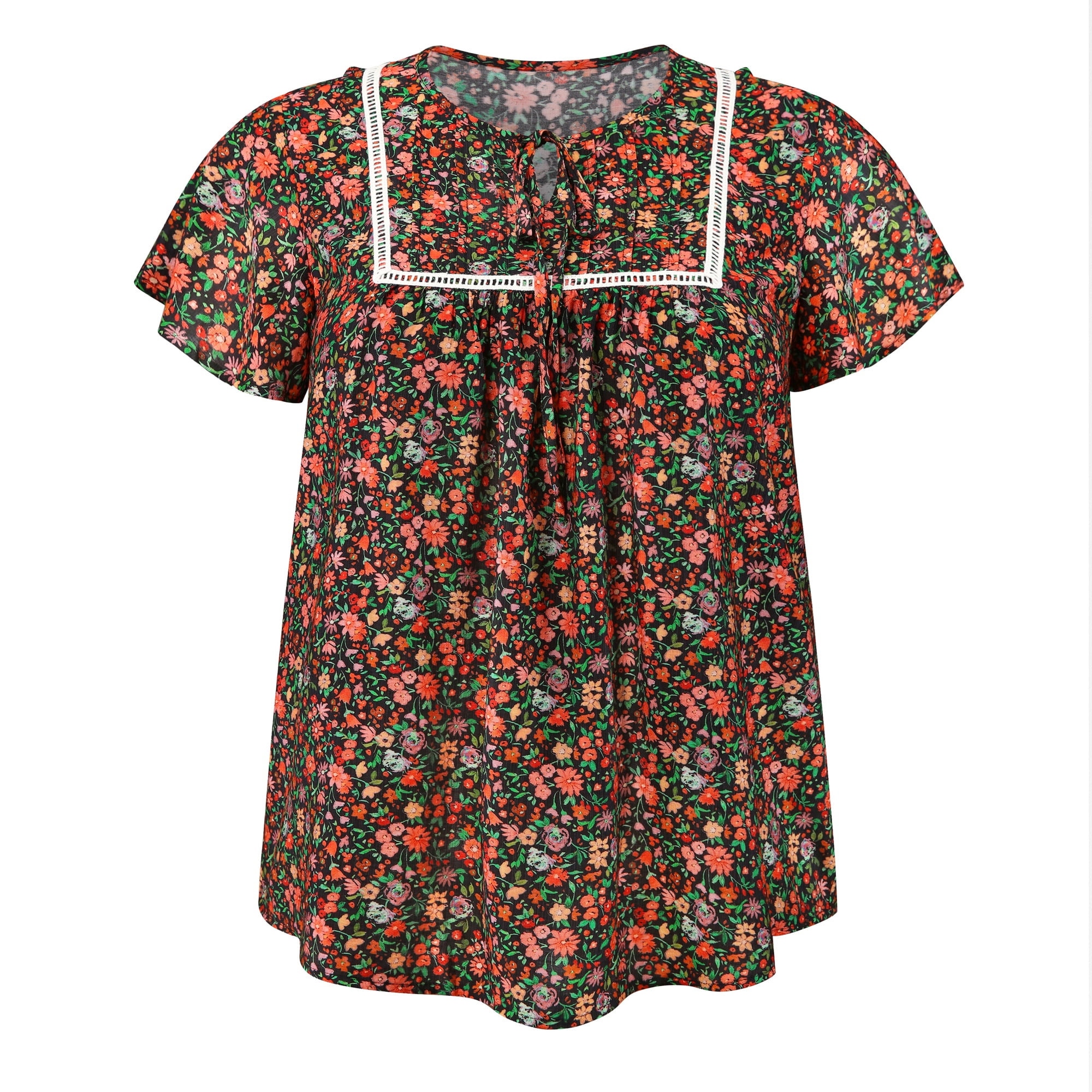 DARING DIVA Women's Plus Floral Tie Neck Blouse with Ruffle Sleeve 1X Black
