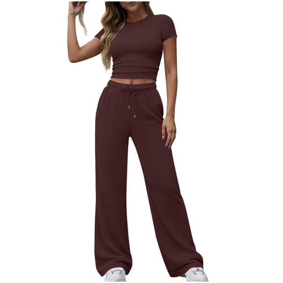 2 Piece Sets for Women Slim Fit Short Sleeve Cropped Shirts Straight Leg Elastic Waist Drawstring Pants Summer Trendy Lightweight Outfits