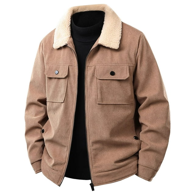 Men's Corduroy Jacket, Fleece Lined Winter Coat with Zipper Front for Outdoor Work and Casual Wear