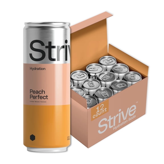 Strive Soda Peach - Sparkling Hydration Soda with Electrolytes & Organic Honey - Juicy Peach, Lemon & Coconut Naturally Sweetened Drink - 12 Pack Cans