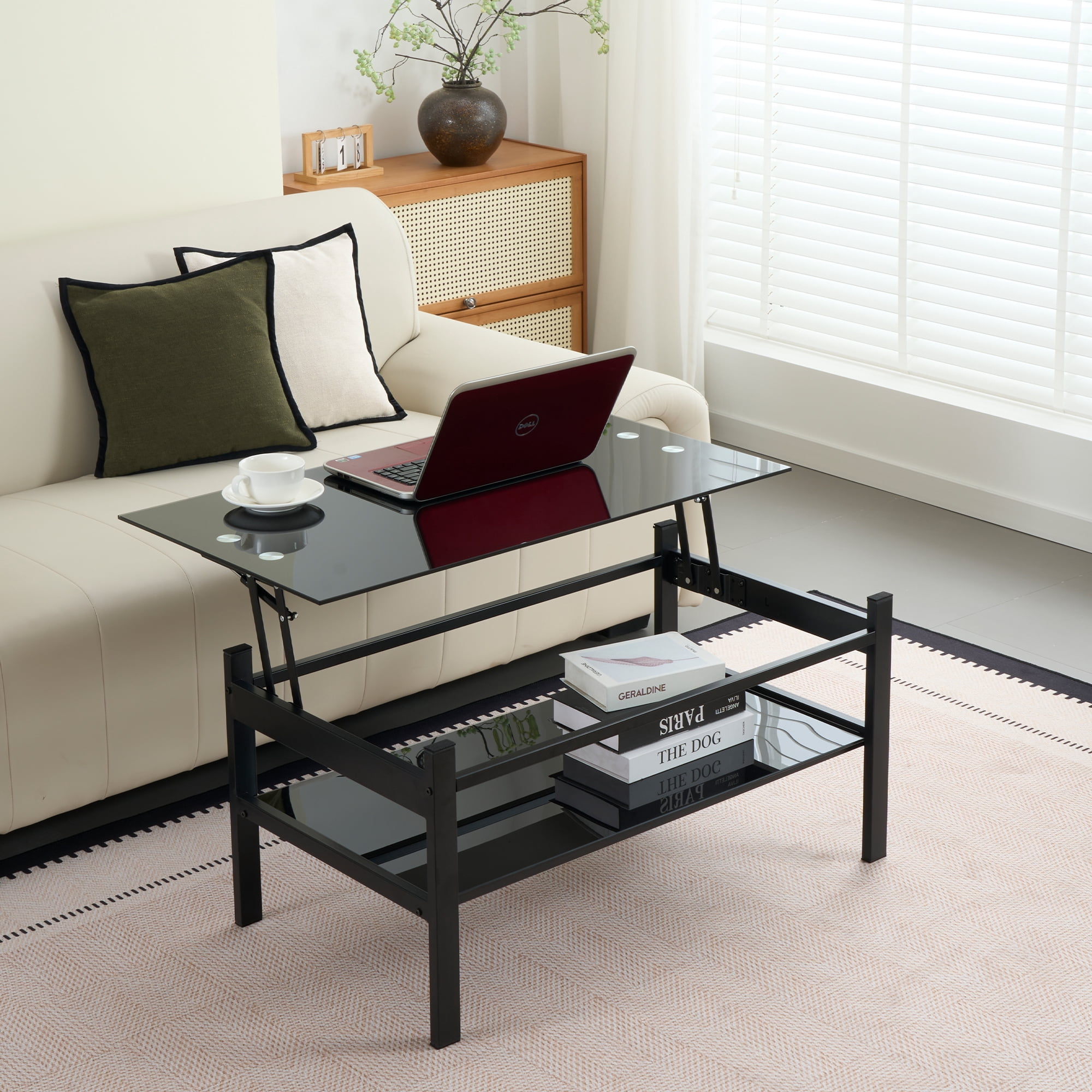 Glass Lift Top Coffee Table, Modern Simple 2-Layer Tempered Glass Coffee Table for Living Room, Black