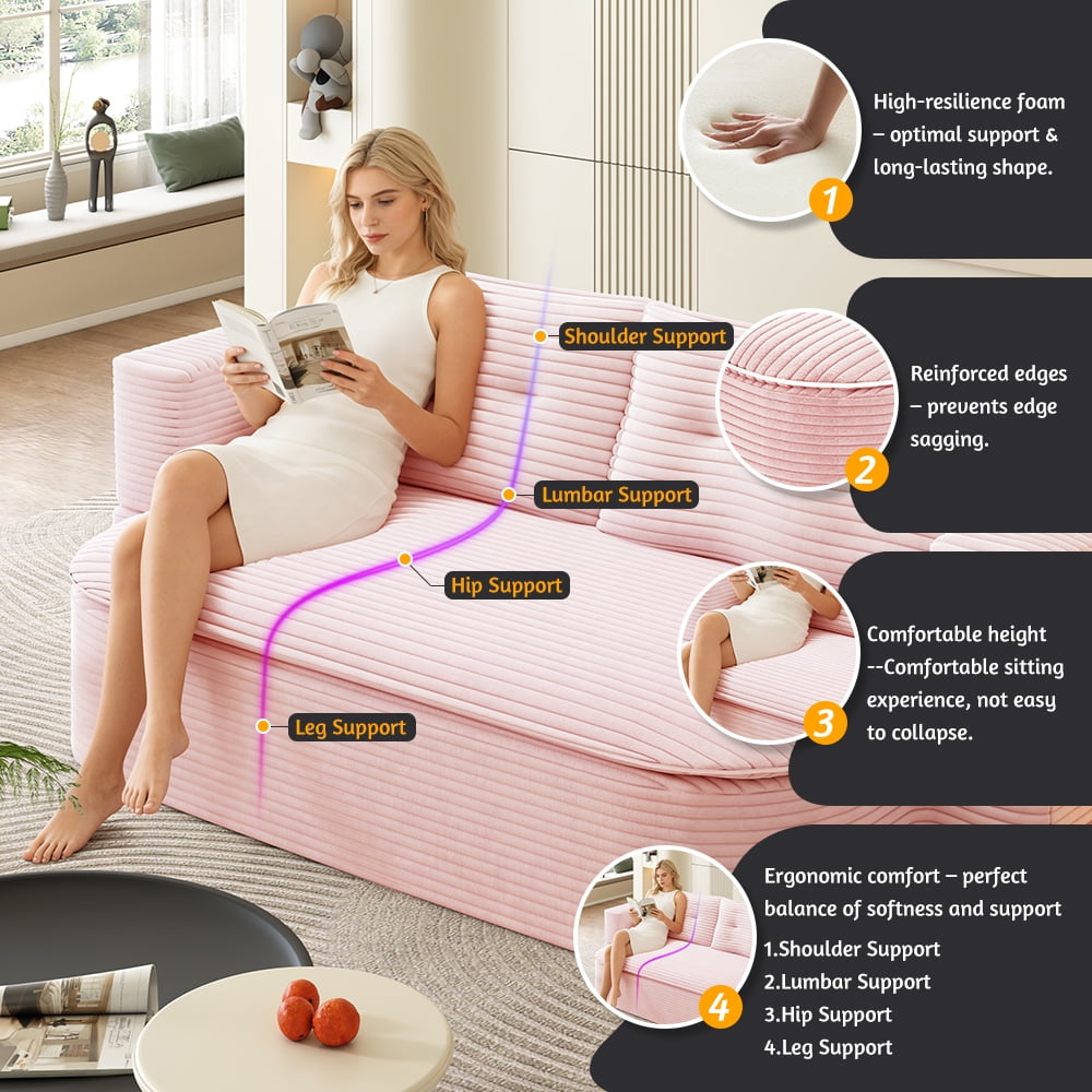 NeoKo 78" Full Size Floor Sofa, Folding Queen Sleeper Couch, Futon Loveseat Sofa, Corduroy Boneless Loveseat Couch, Fold Mattress Bed for Living Room, Guest Use, Office, Apartment, Baby Pink