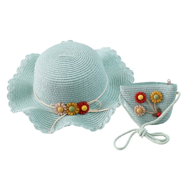 Sombrero de 56-58cm de circunferencia para mujer, protector solar, sombrero de paja de ala ancha y bolsa de paja, conjunto de sombrero para el sol para vacaciones de verano
