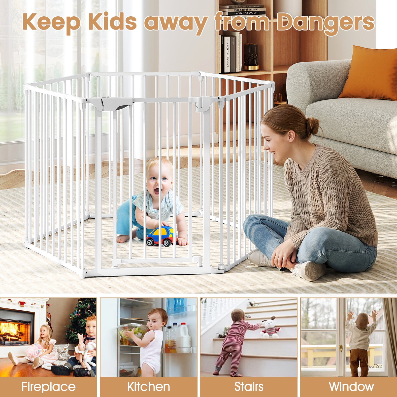 Gymax 6-Panel Adjustable Pet Safety Fence w/Auto-close Door & Double Locking System White