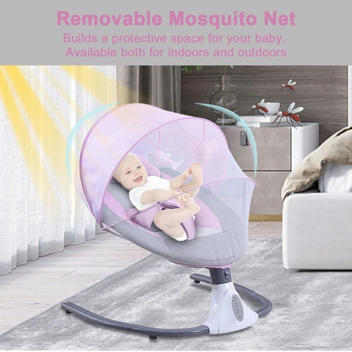 HENG Co. Electric Baby Swing and Rocker, Infant Bouncer Chair Featuring 12 Lullabies, Bluetooth Connectivity, Multiple Speed Settings, 4 Timer Modes, Unisex Design, Pink.