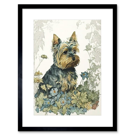 Yorkshire Terrier Dog in Wildflowers Watercolour Illustration Artwork Framed Wall Art Print 9X7 Inch