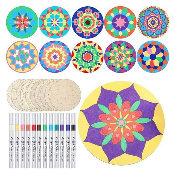 22 Pcs Wooden Mandala Painting Set 10 Unfinished Wood Cutouts with 12 Markers for Crafts Slices