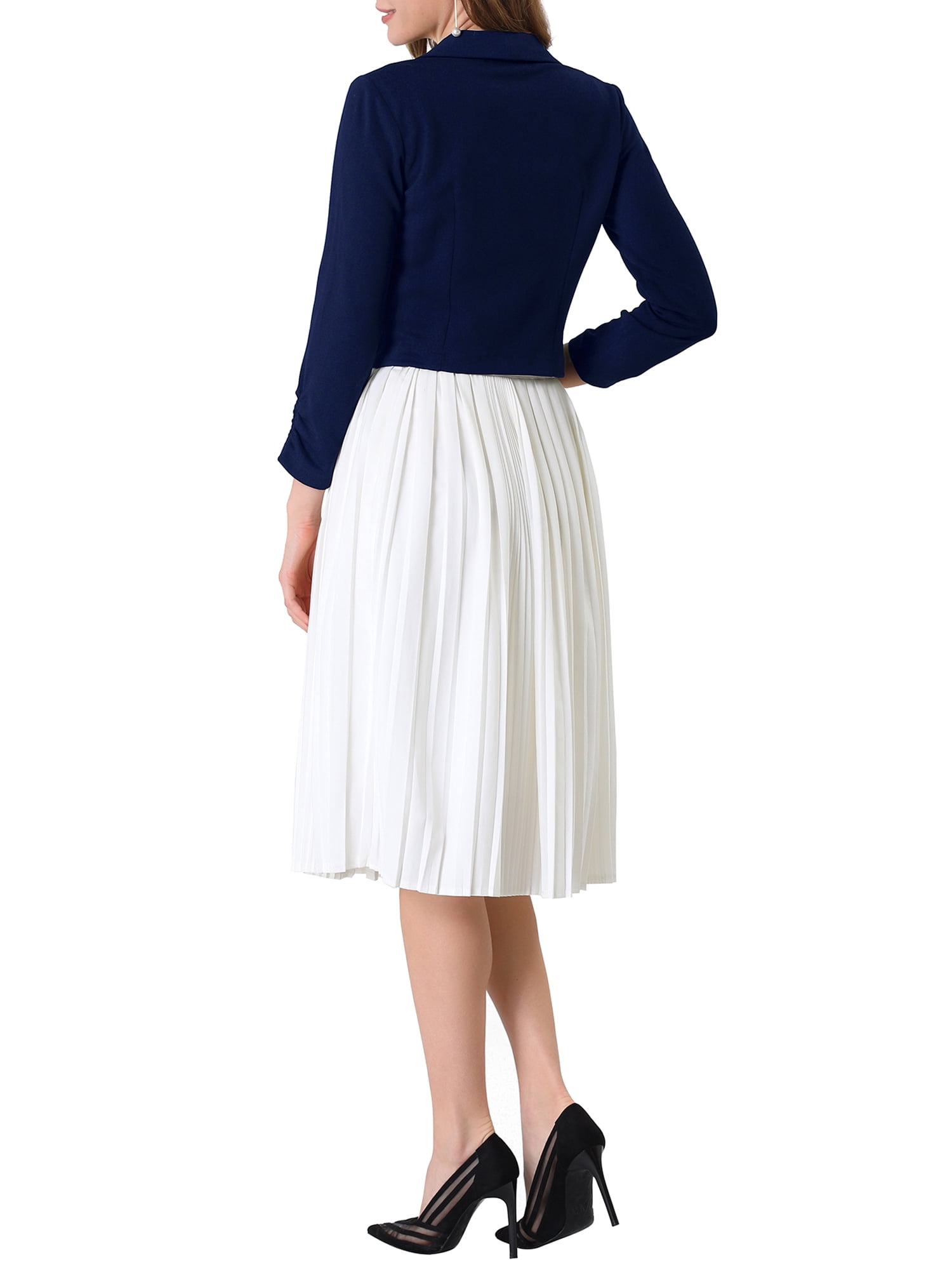 DARING DIVA Women's Notched Lapel Ruched Sleeve Crop Blazer M Dark Blue