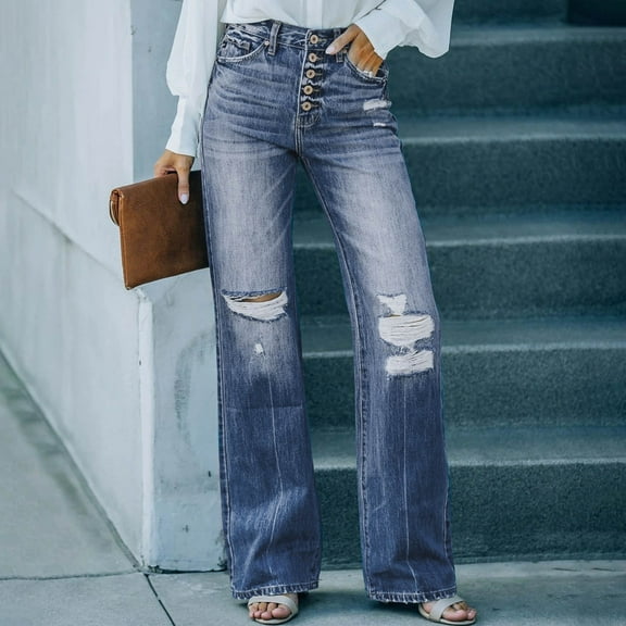 Denim Pants For Women Solid Color Fashion Casual Puncture Straight Barrel Full Length Pants Jeans For Women Blue,10