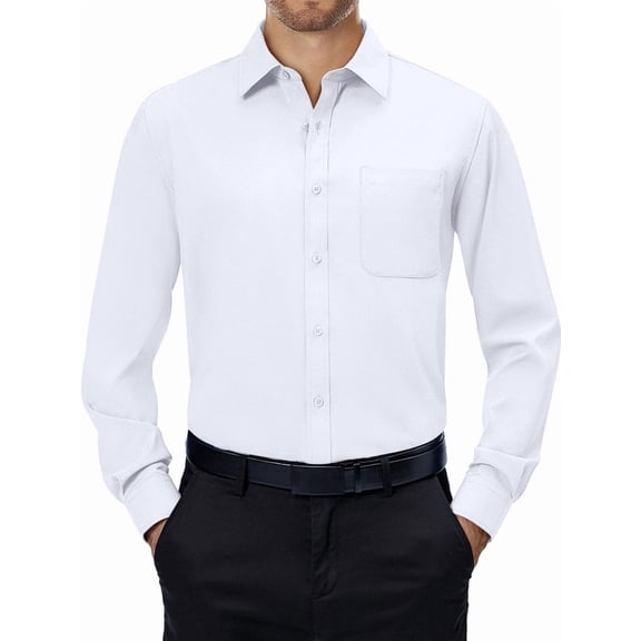 sogami Mens Long Sleeve Collared Button-up Shirt Regular Fit Solid Wrinkle-Free White Dresses Shirt Business Casual