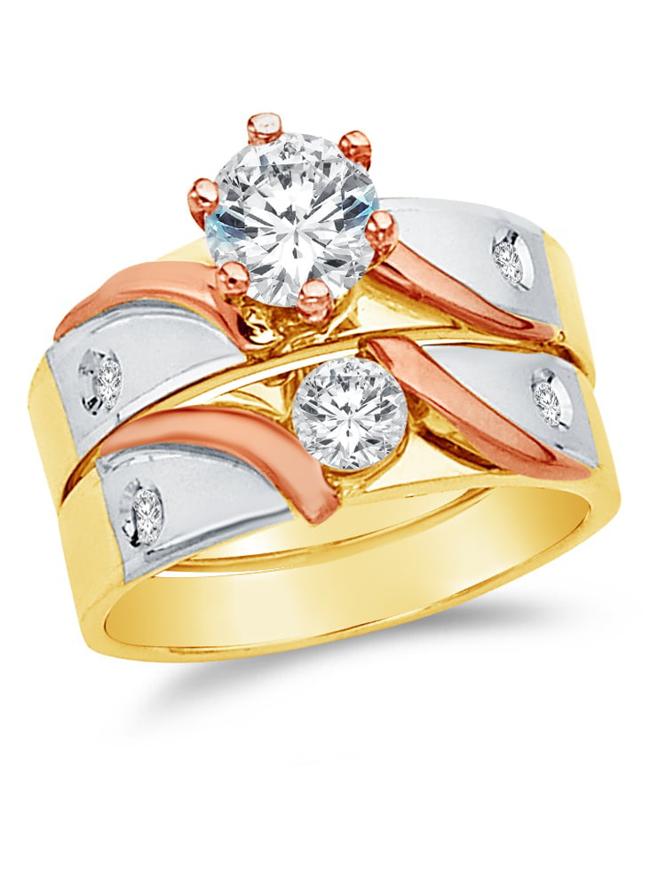 14K Tri Color Gold Cubic Zirconia Engagement and Wedding Band Ring Set 