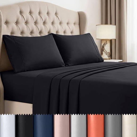 Beddora Double Size Bed Sheet Set in Black – 4 Piece Microfiber Sheets, Ultra-Soft, Deep Pocket, Wrinkle-Resistant, Easy Care, Adult