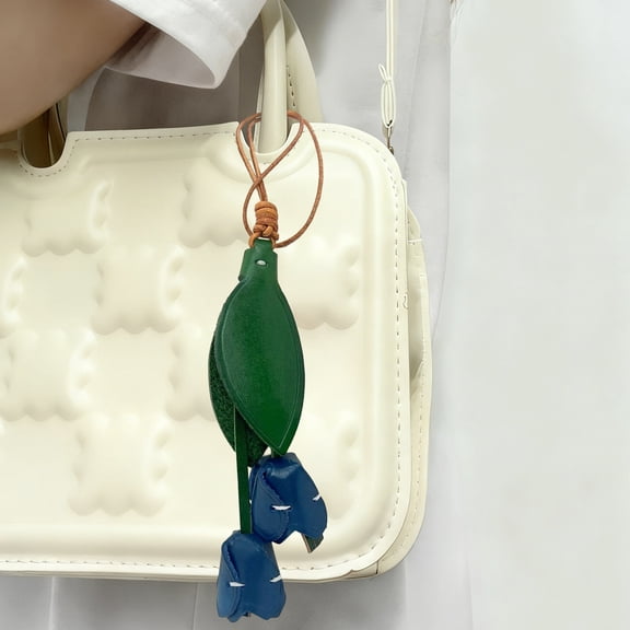 Handmade Genuine Leather Leaf Flower Keychain – Leather Tulip Flower Keyring Pendant Charm Accessories For Women's Wallets, Bags, and Car Key (Blue)