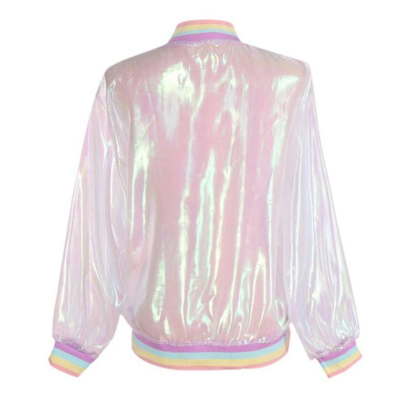 Women Stand Neck Iridescent Jacket Holographic Laser Rainbow Casual Bomber Coat