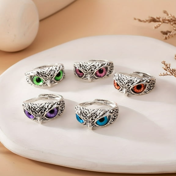 5 -PIECE VINTAGE OWL RING SET -Enchanting Multicology Eyes, Adjustable Open Band -STYLISH Unisex Jewelry for Glamorous PARTIES & Gatherings,8949