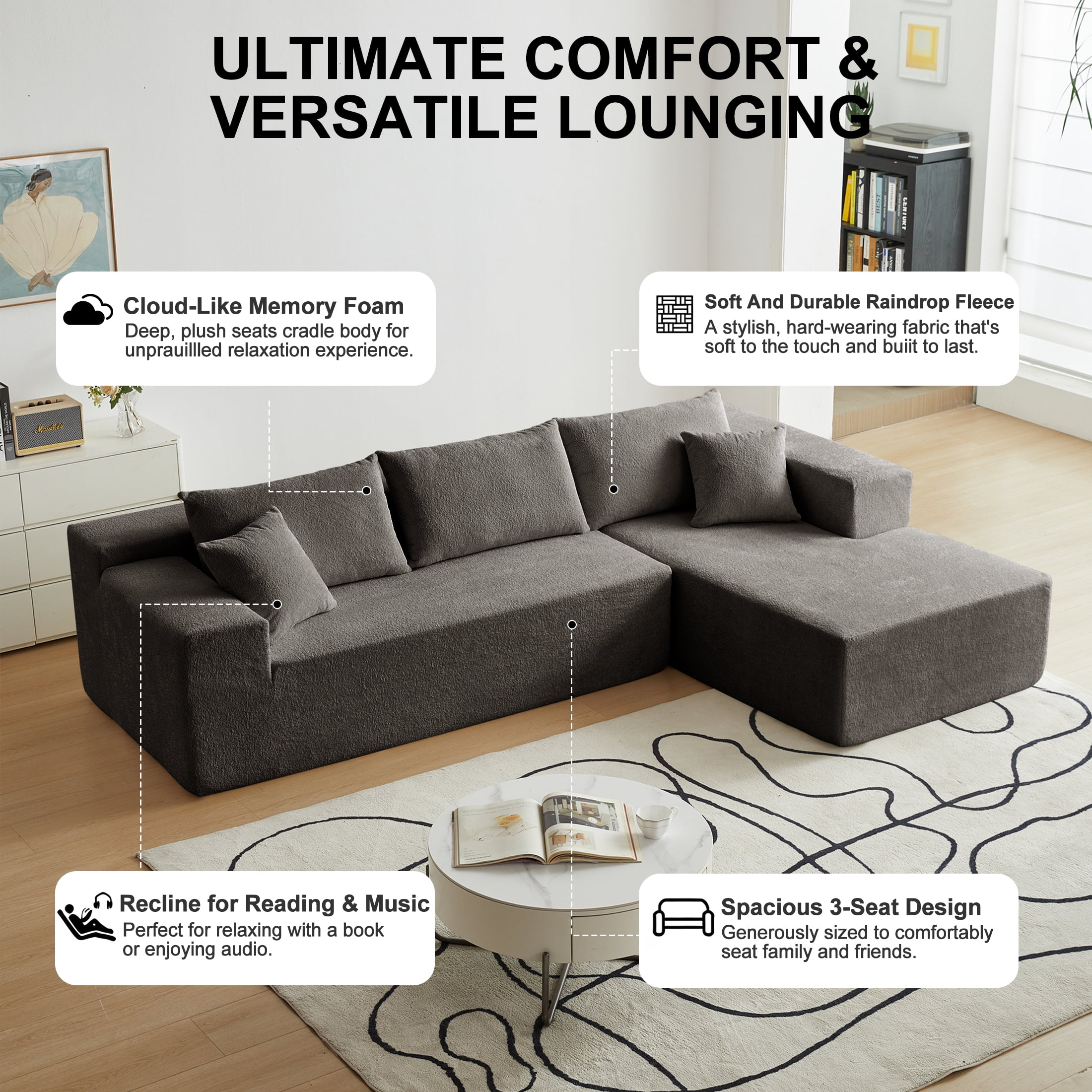 Xiweot 103" Boneless Sectional Sofa for Living Room, Memory Foam Cloud Modular Sectional Couch with Deep Seat, No Assembly Velvet L Shaped Sofa with Right Facing Chaise, Dark Gary