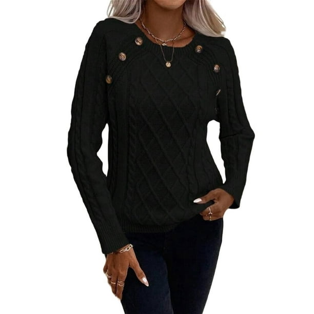 Suéteres de Invierno para Mujer, Suéter de Punto Moderno con Detalle de Botones y Mangas Raglán, Suéter de Moda. Negro L