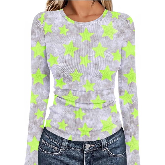 Aueoeo Women's Casual Shirts Round Neck Long Sleeve Star Printing Blouses Trendy Slim Tight Fitting Pit Top
