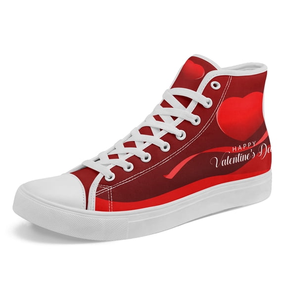 Coolcustomize Women's High Top Valentine's Day Red Heart Print Fashion Casual Sneakers | Romantic Couple Streetwear Shoes, Lace-up, Round Toe, Fabric Upper and Inner, Rubber Sole Canvas Shoes