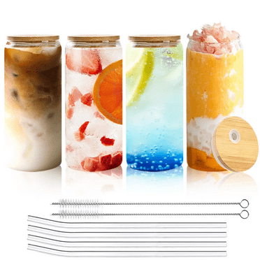 16 oz Glass Cups with Bamboo Lids and Glass Straws, Drinking Glasses Set of 4, Beer Can Shaped Glasses with 2 Cleaning Brushes