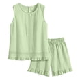 thumbnail image 6 of TEAJOPSUU Women's Ruffle Trim 2 Piece Outfit Lounge Sets Sleeveless Crew Neck Top Drawstring Ruffle Shorts 2PC Sets Relaxed Fit Casual Pajama Outfit Green, 6 of 9