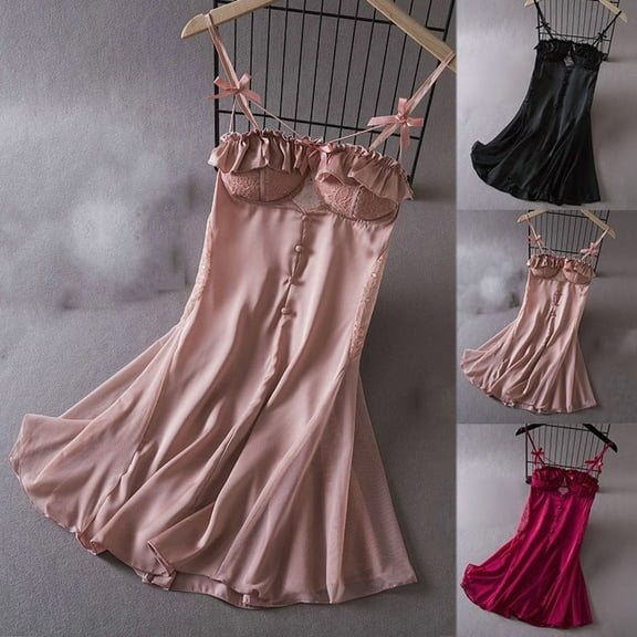 Feancey Soft Silk Nightgown for Women Bow Spaghetti Strap Lingerie Sleep Dress Ruffle Lace Cami Nightdress Womens Cute Nightgowns with Built in Bra Black M