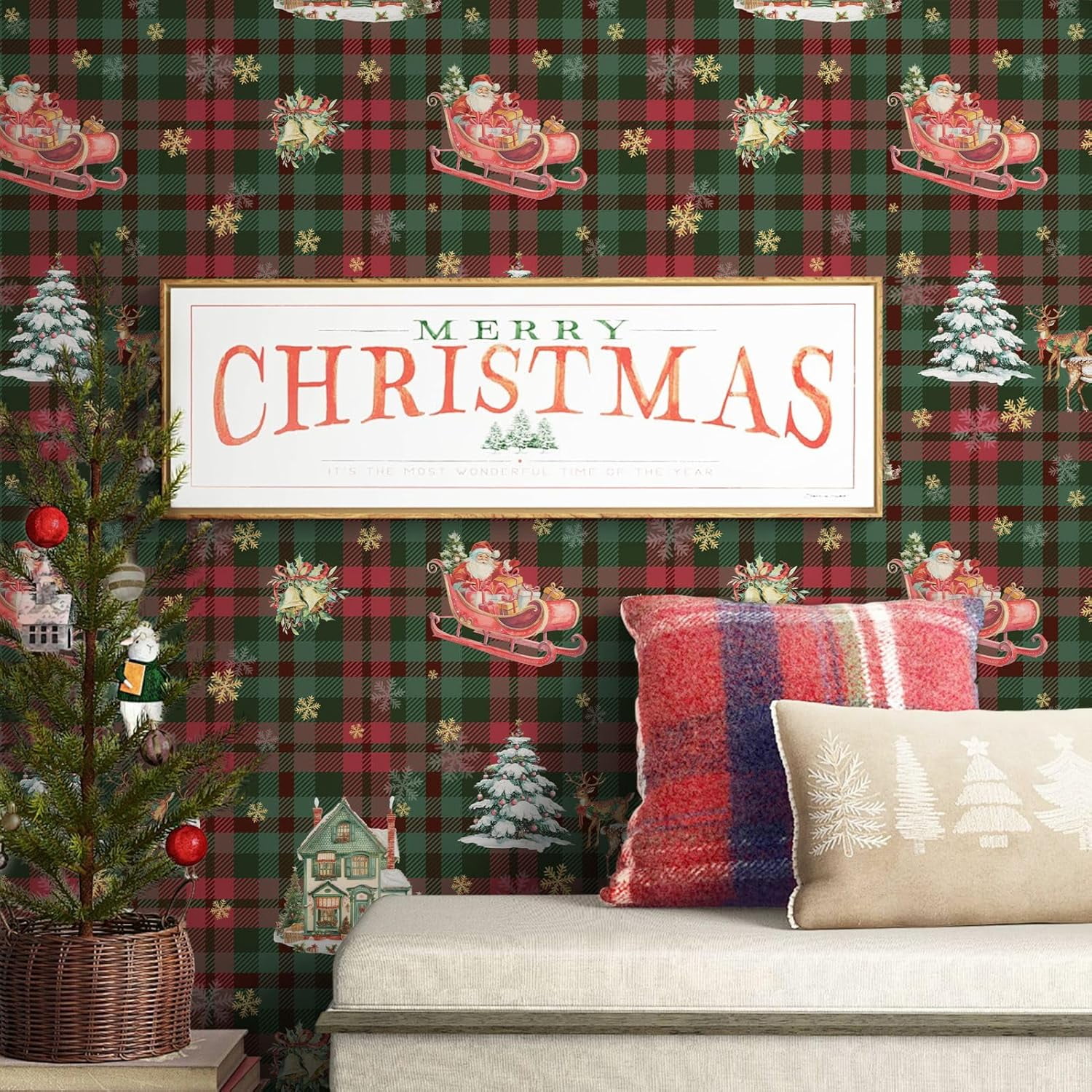 Christmas Contact Paper Removable Self-Adhesive Wallpaper 17.3"x118" Green and Red Waterproof Christmas Peel and Stick Wallpaper for Bedroom Window Fireplace Indoor Decoration