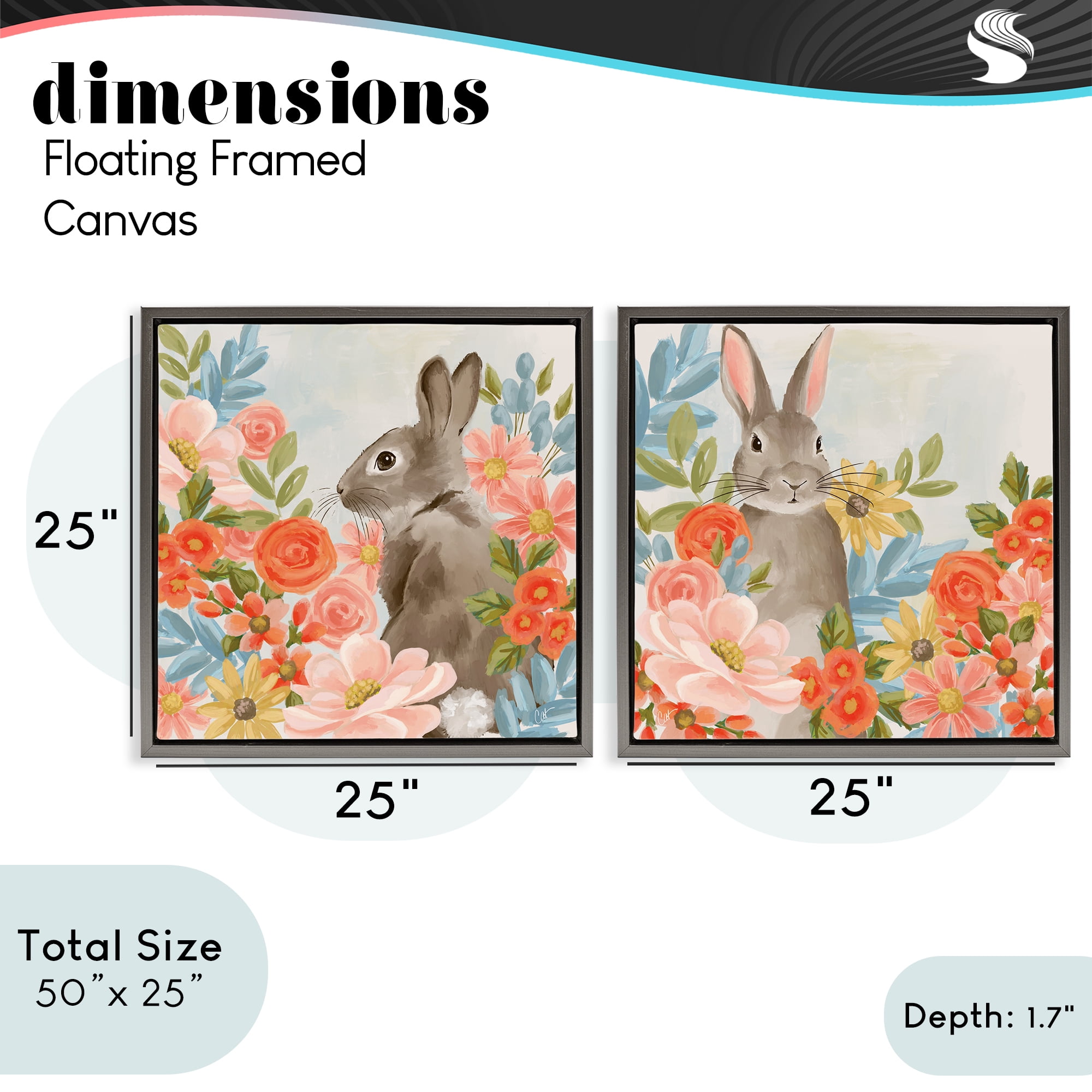 Stupell Industries Bright Bunny Blooms 2 Piece Gray Framed Floater Canvas Set, design by Cat Thurman Designs