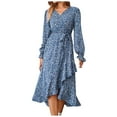 thumbnail image 3 of AKOEE Long Sleeve Fall Dress Wrap V Neck Floral Print Tie Waist Flowy Swing Casual Loose Midi Dress Women S-XXL (X-Large, Blue), 3 of 5