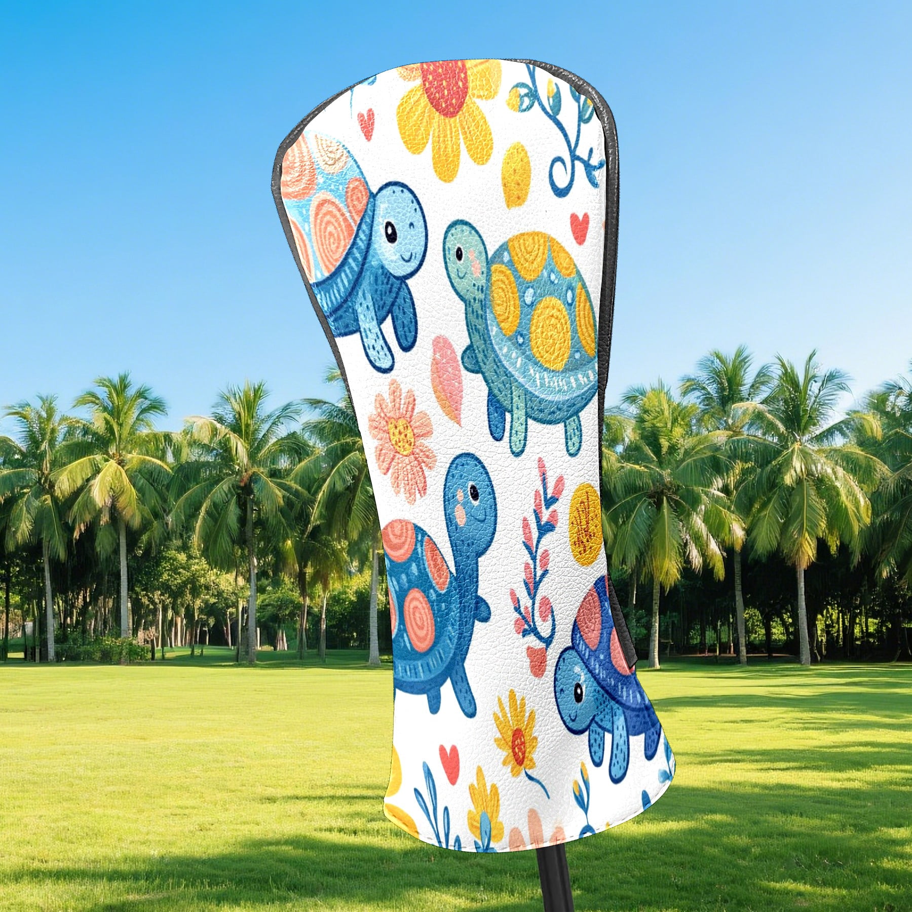 Golf Head Covers Cute Turtle Pattern for Driver, Wood & Hybrid, Premium Waterproof PU Leather with Plush Lining, Animal Golf Gifts
