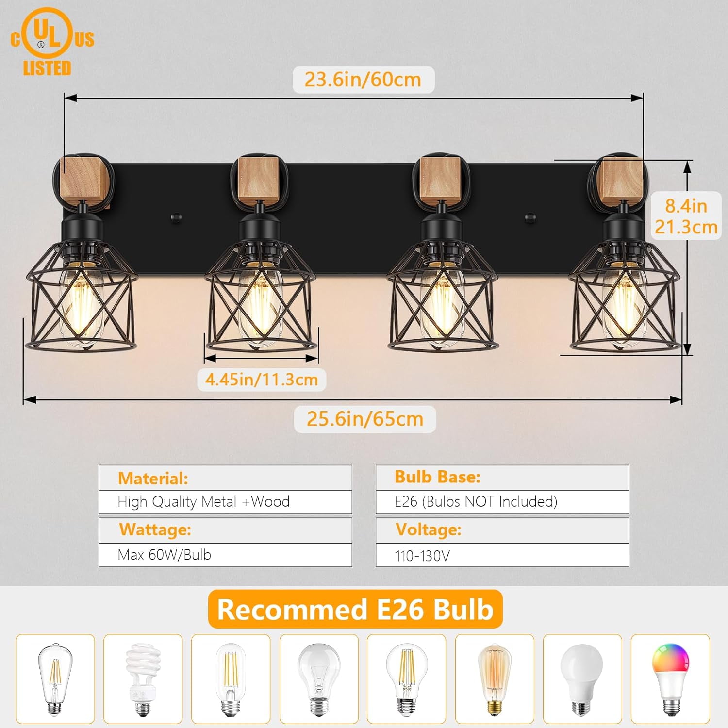 4-Light Farmhouse Wood Bathroom Vanity Lights over Mirror with Metal Cage Lampshade Rustic Bathroom Light Fixtures for Mirror, Living Room, Bedroom, Hallway