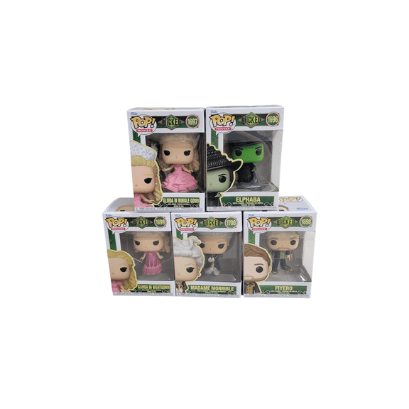 Wicked Funko Pop 5 Count With Elphaba, Fiyero, Madame Morrible, And Glinda in both the Bubble Gown and Nightgown