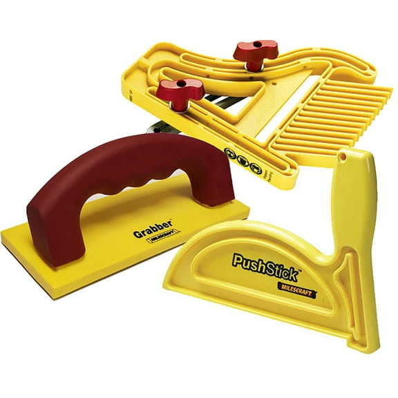 Milescraft 7334 Safety Bundle - Includes Feather Board, Push Stick, and Grabber Push Block. Ideal for use on router tables, table saw, jointers, and even band saws