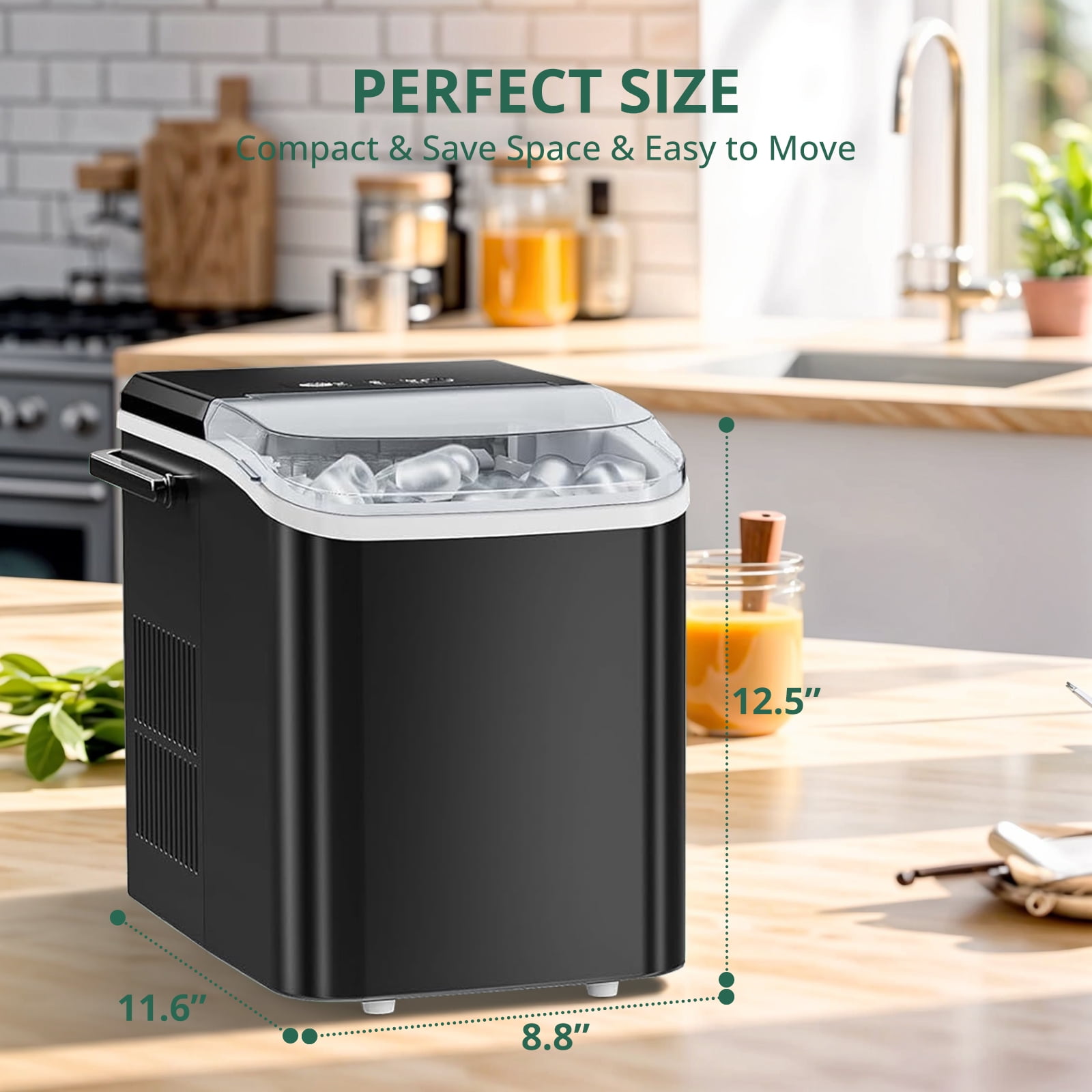 Atilioo Countertop Ice Maker with Handle, Ice in 6Mins, 26 Lbs/24H, 2 Sizes Bullet, Portable Ice Maker Machine with Self-Cleaning for Home/Bar/Camping/RV, Black