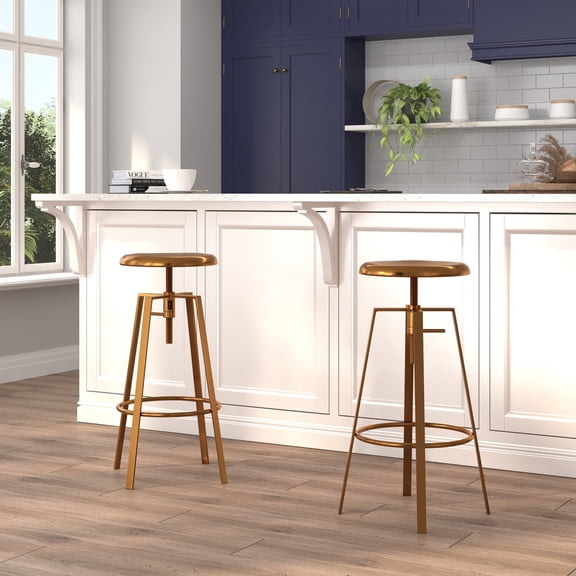 Emma Oliver 2 Pack Industrial Style Swivel Lift Adjustable Height Seat Barstool - Gold Finish