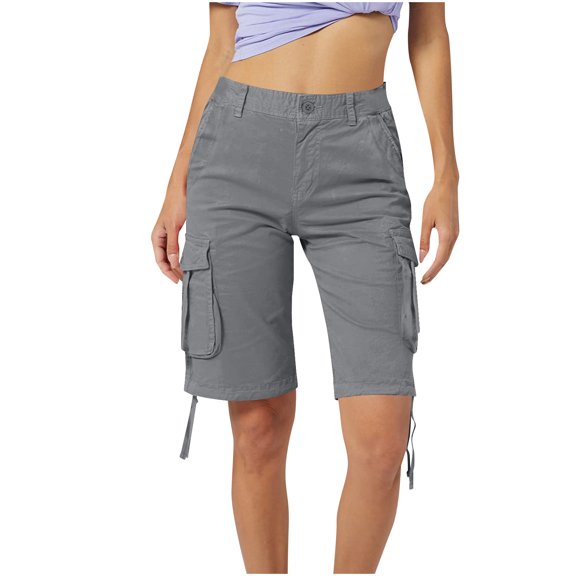 Hurxie Bermuda Cargo Shorts for Women Casual Long Knee Length High Waisted Stretch Wide Leg Gray,33