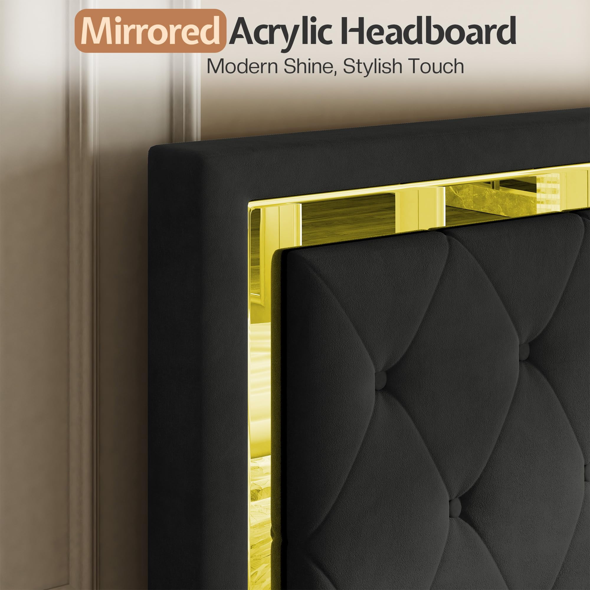 Merluxy Twin Size Bed Frame with Led Lights Headboard, Acrylic Mirror Accents, No Box Spring Needed, Velvet Upholstered Black