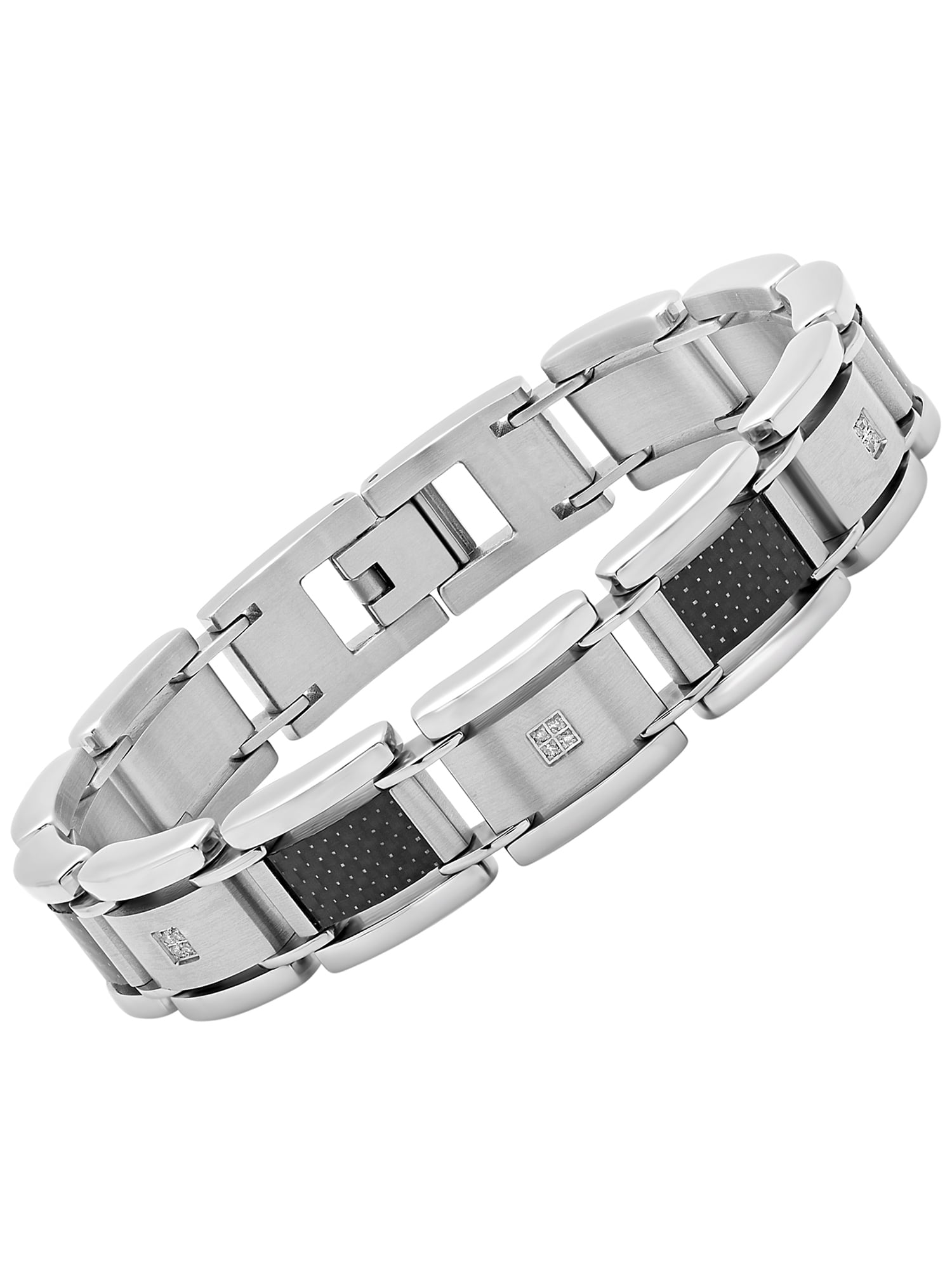 Mens Silver Gold Black Tone Stainless Steel CZ Inlay Carbon Fiber Bracelet Chain 