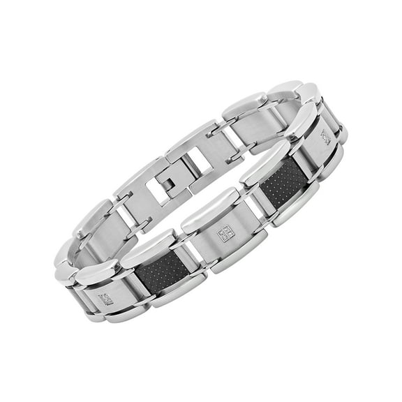 Men's Diamond Accent Stainless Steel and Black Carbon Fiber Bracelet, 9"