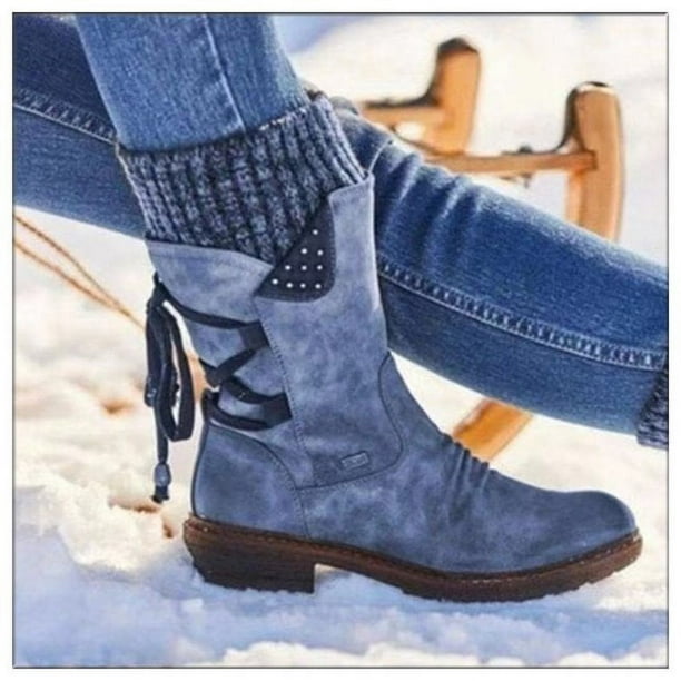 Botas de nieve de lana con boca de invierno para mujer de Station, botas de media caña con punta redonda y suela plana para mujer