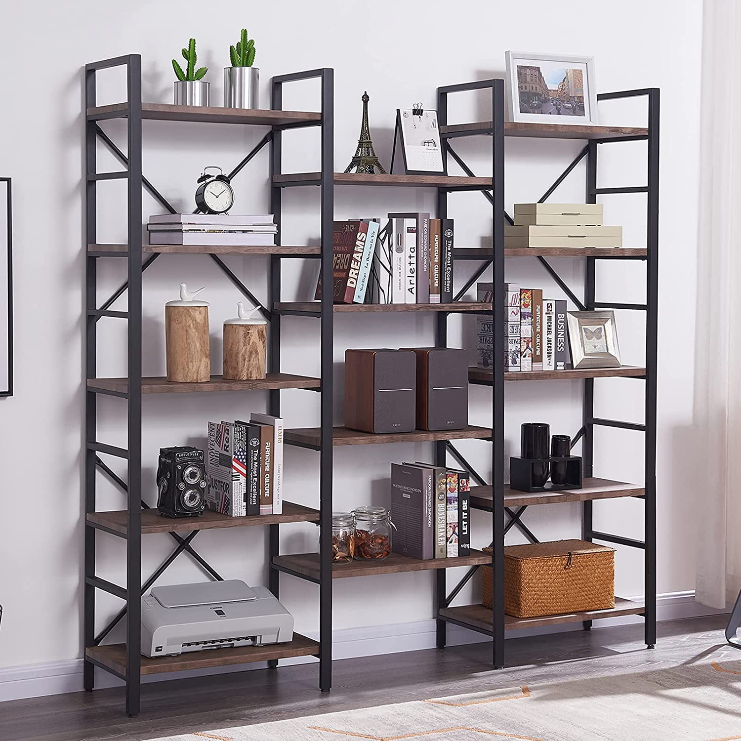 Private Jungle Triple Wide 5-Shelf Bookcase, Large Open Bookshelf Vintage Industrial Style Shelves Wood and Metal bookcases