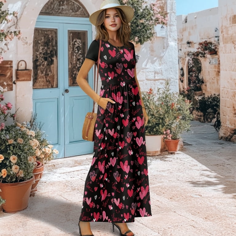 Psesaysky Red heart pattern Design Women Short Sleeve Maxi Dress, Crew Neck Side Pocket Casual Maxi Dress Breathable Long Dress for Beach Family