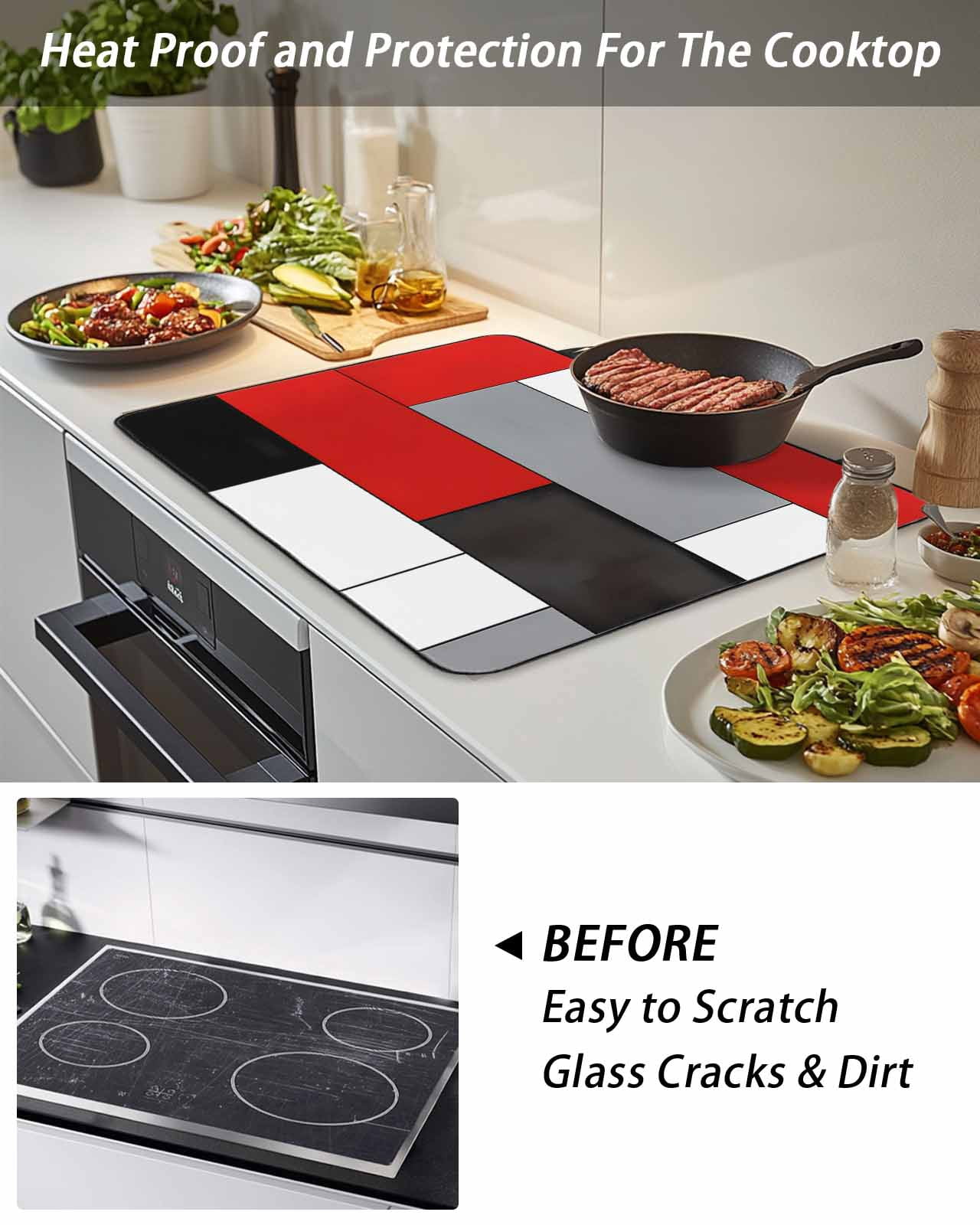 Stove Top Covers for Electric Stove 36x21 Inches, Red Black Grey Heat Insulation Fireproof Glass Cooktop Protector, Modern Irregular Geometric Abstract Countertop Stovetop Cover for Kitchen