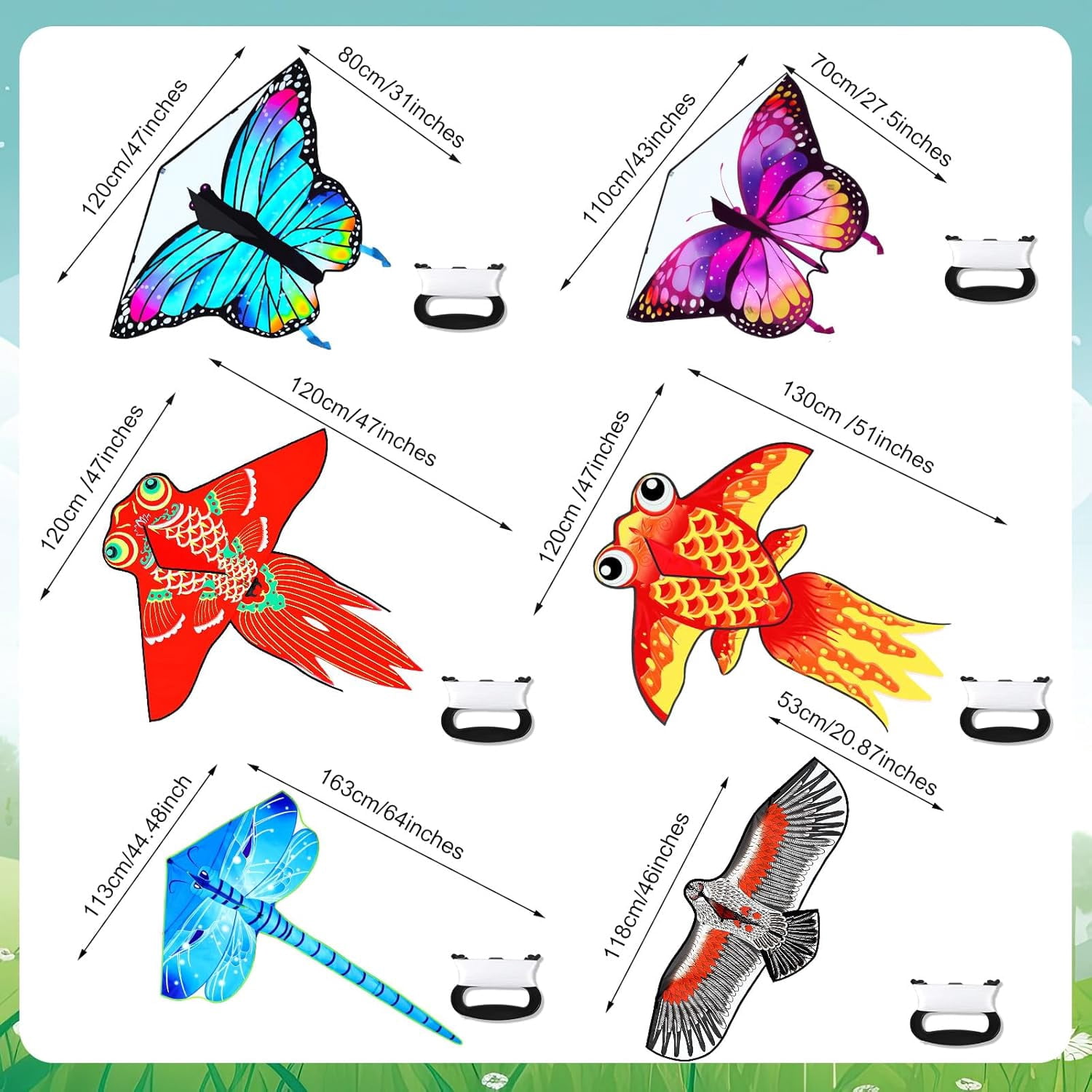 6 Pack Large Butterfly Dragonfly Owl Parrot Eagle Goldfish Kites for Kids and Adults, Easy to Fly Outdoor Beach Games and Activities Gift Set (Cute Style)
